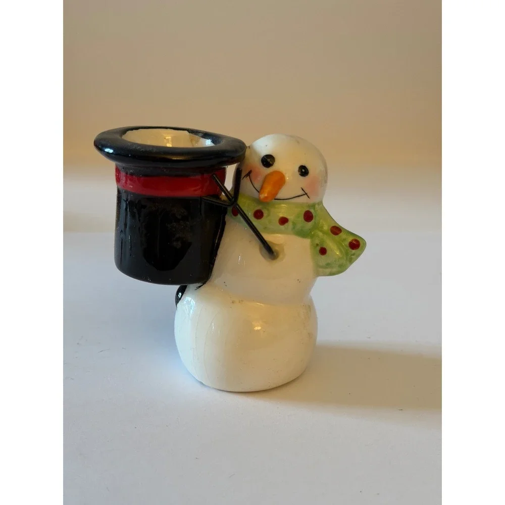 Ceramic Snowman Candle Holder Figurine Black Top‎ Hat Holiday Decor